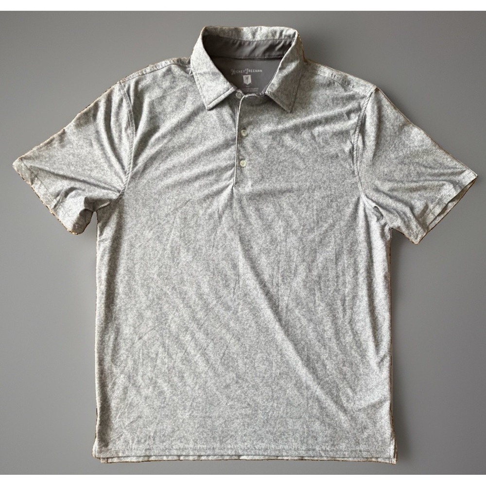 Hickey Freeman Golf Short Sleeve Polo Shirt Silver Geometric Logo Medium JBHS